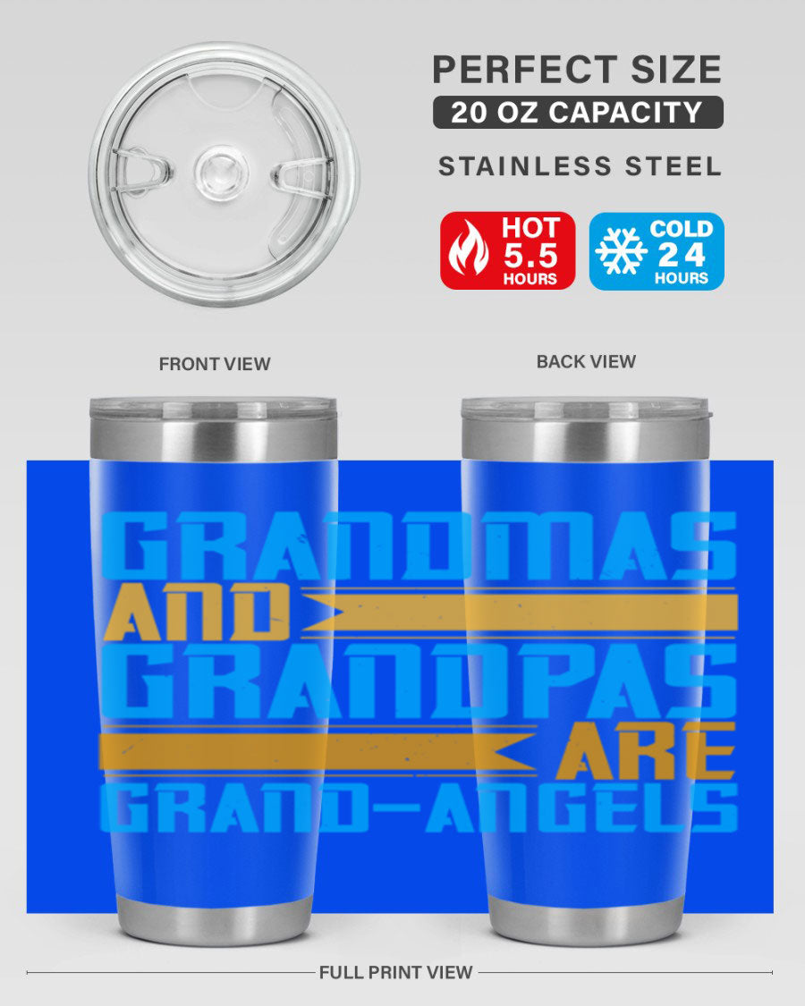 A stylish 20oz tumbler featuring the phrase 'Grandmas and Grandpas are Grandangels', made of stainless steel with a copper lining.