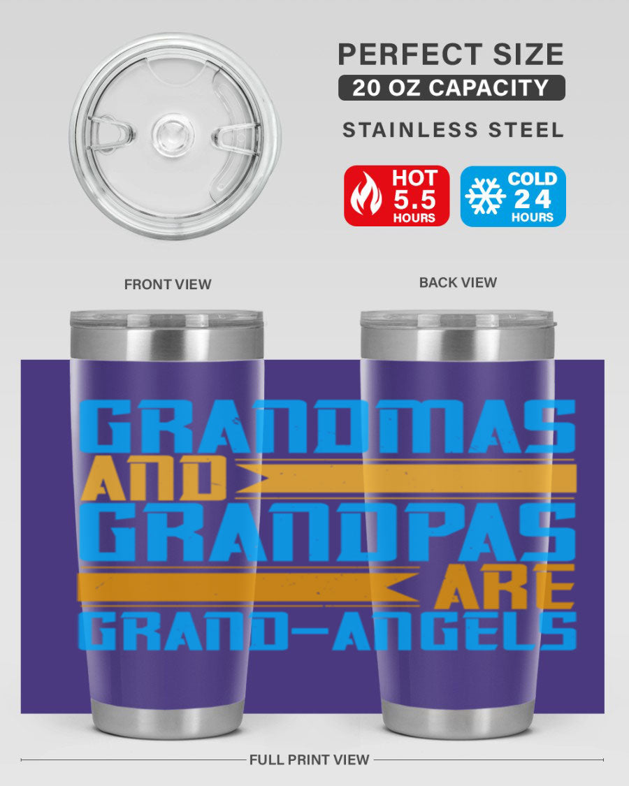 A stylish 20oz tumbler featuring the phrase 'Grandmas and Grandpas are Grandangels', made of stainless steel with a copper lining.