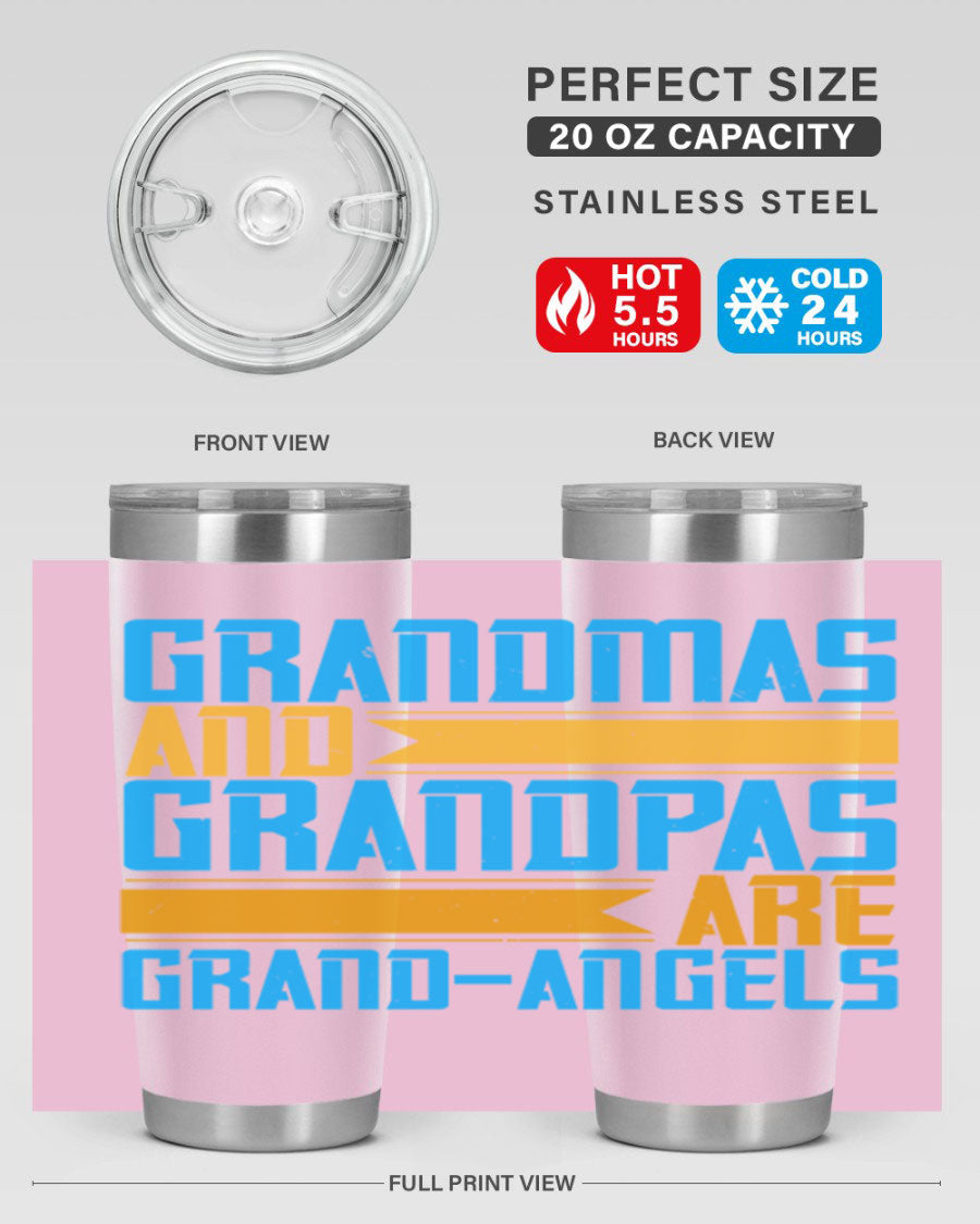 A stylish 20oz tumbler featuring the phrase 'Grandmas and Grandpas are Grandangels', made of stainless steel with a copper lining.