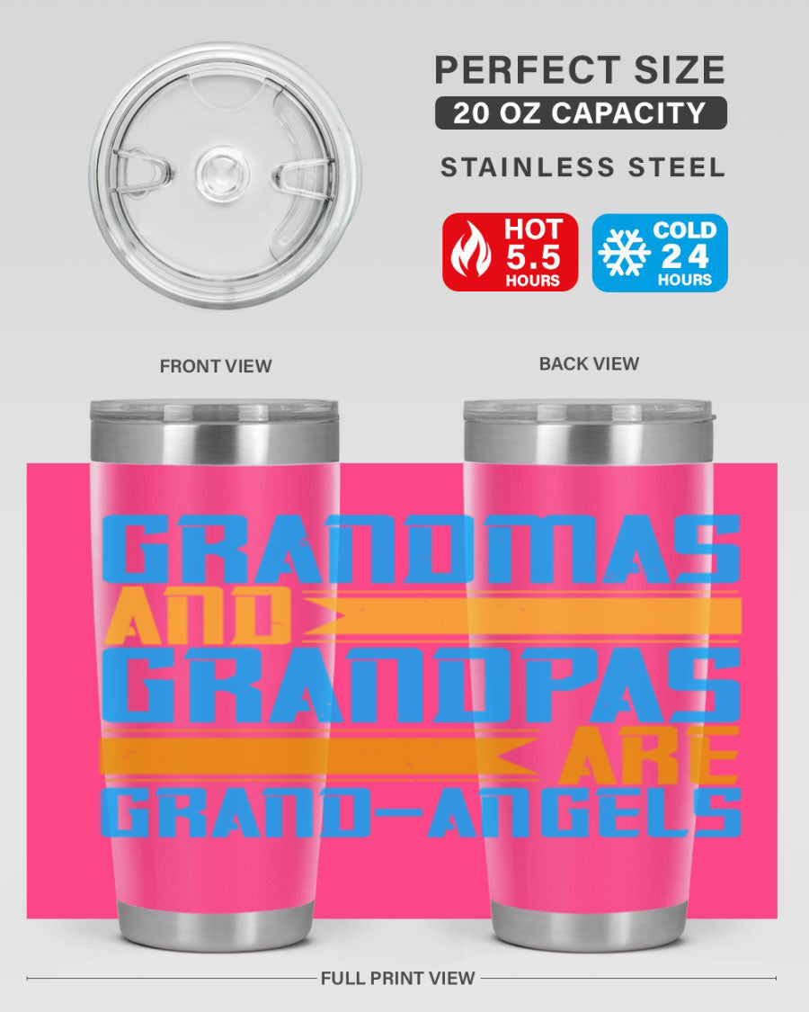 A stylish 20oz tumbler featuring the phrase 'Grandmas and Grandpas are Grandangels', made of stainless steel with a copper lining.