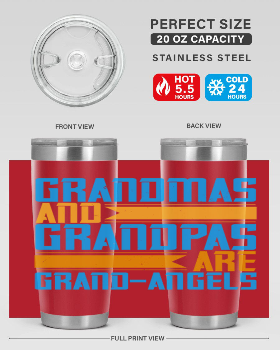 A stylish 20oz tumbler featuring the phrase 'Grandmas and Grandpas are Grandangels', made of stainless steel with a copper lining.