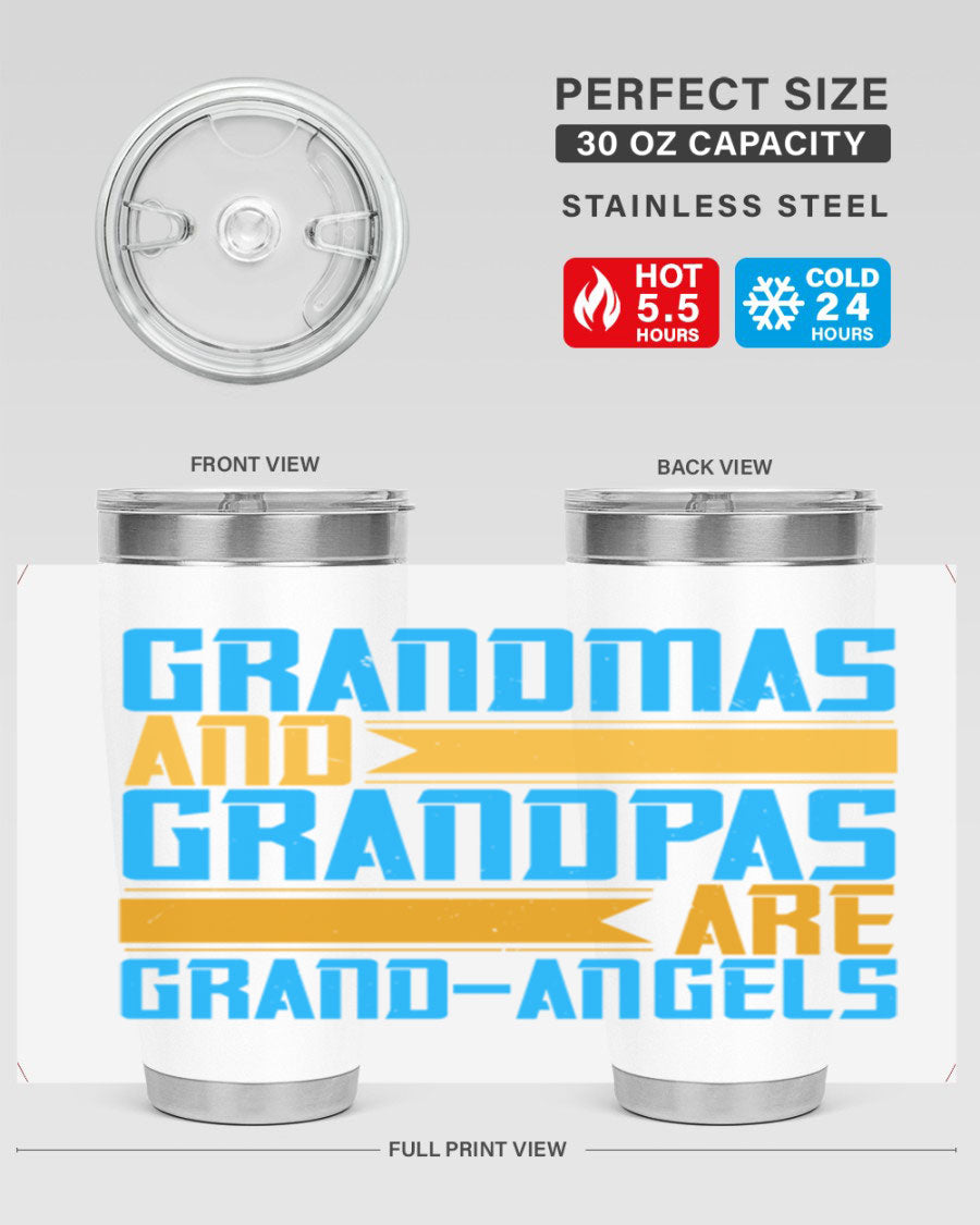 A stylish 20oz tumbler featuring the phrase 'Grandmas and Grandpas are Grandangels', made of stainless steel with a copper lining.