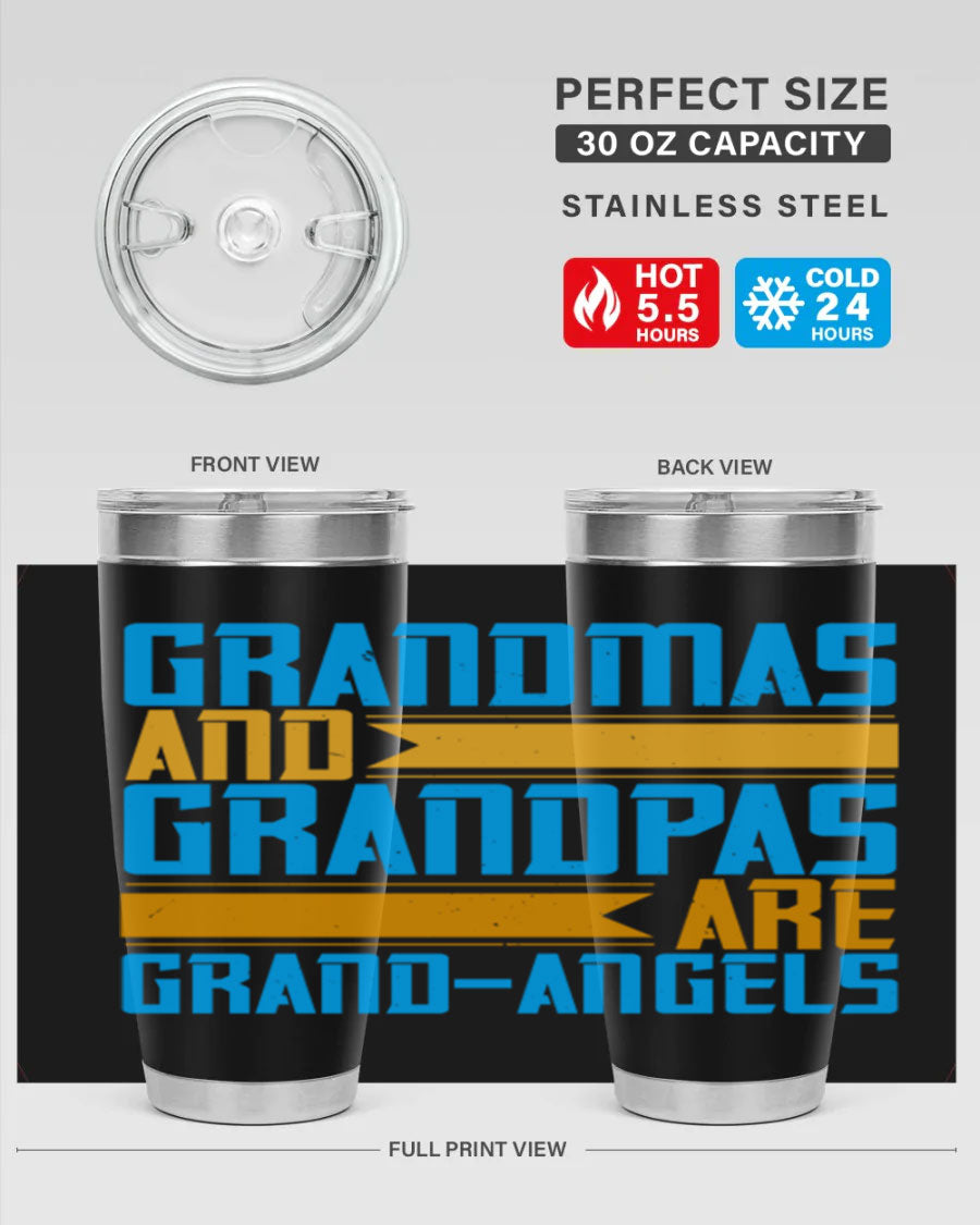 A stylish 20oz tumbler featuring the phrase 'Grandmas and Grandpas are Grandangels', made of stainless steel with a copper lining.