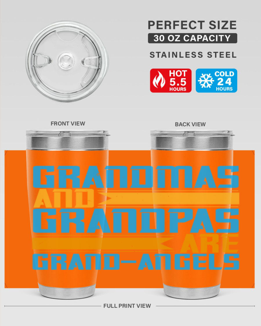 A stylish 20oz tumbler featuring the phrase 'Grandmas and Grandpas are Grandangels', made of stainless steel with a copper lining.