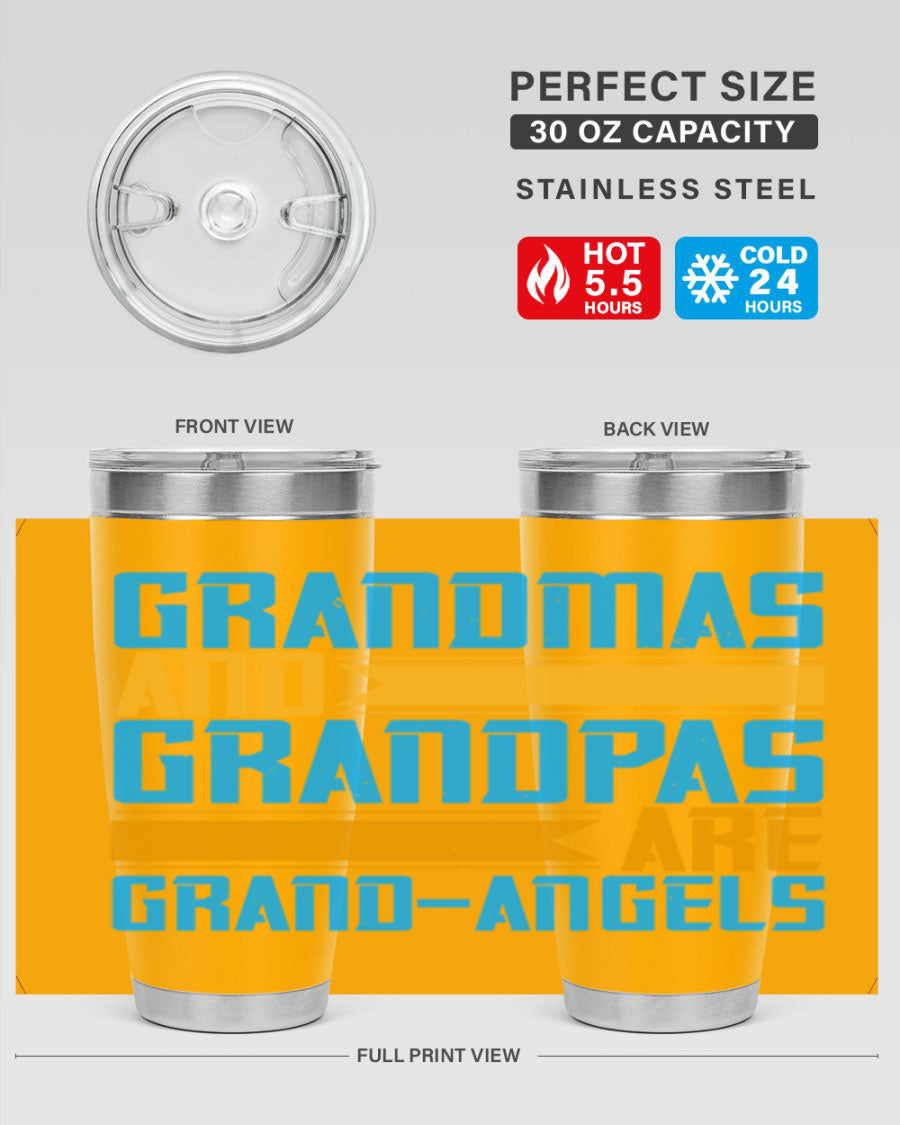A stylish 20oz tumbler featuring the phrase 'Grandmas and Grandpas are Grandangels', made of stainless steel with a copper lining.
