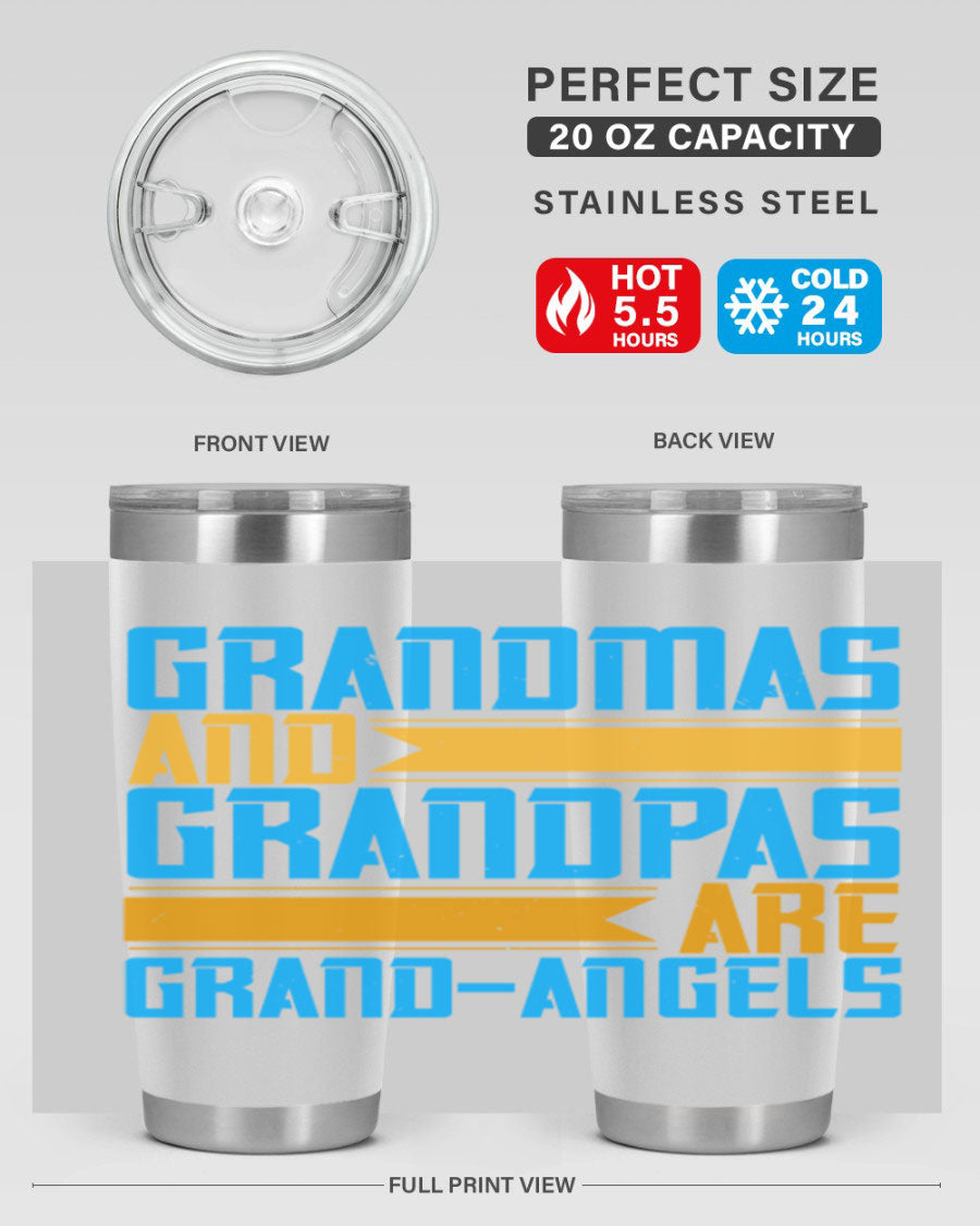 A stylish 20oz tumbler featuring the phrase 'Grandmas and Grandpas are Grandangels', made of stainless steel with a copper lining.
