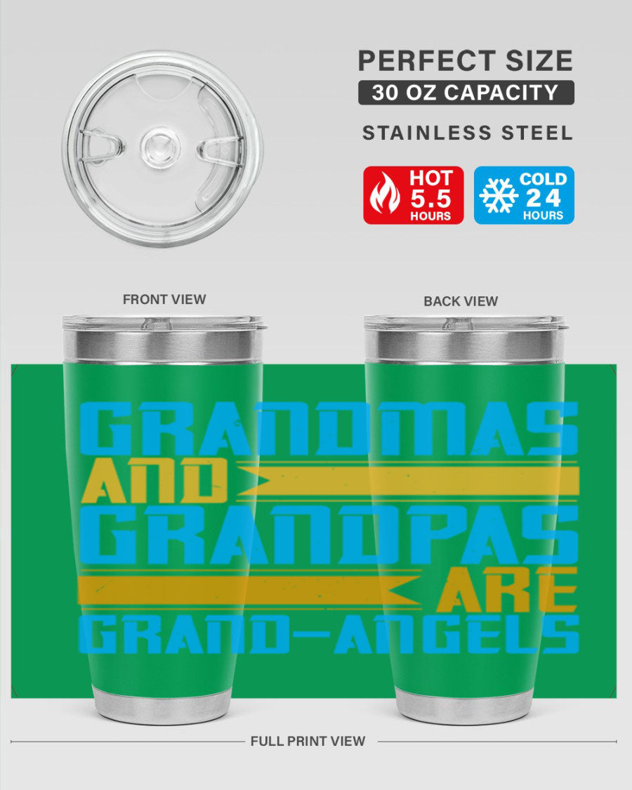 A stylish 20oz tumbler featuring the phrase 'Grandmas and Grandpas are Grandangels', made of stainless steel with a copper lining.