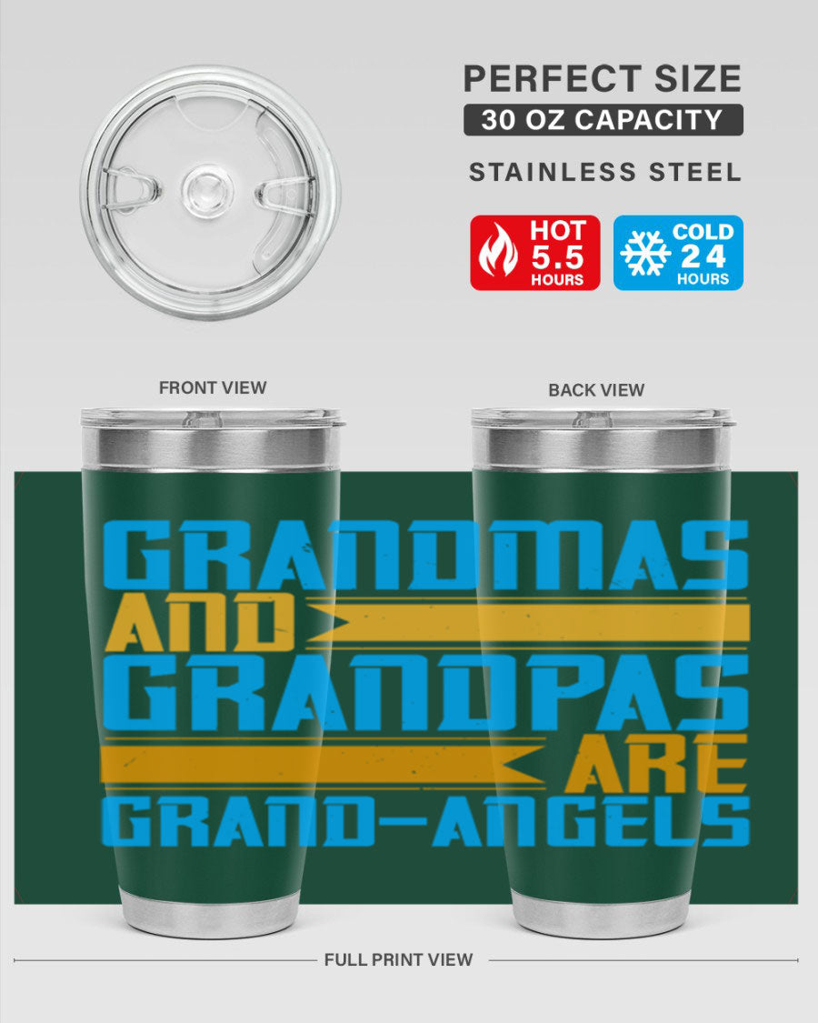 A stylish 20oz tumbler featuring the phrase 'Grandmas and Grandpas are Grandangels', made of stainless steel with a copper lining.