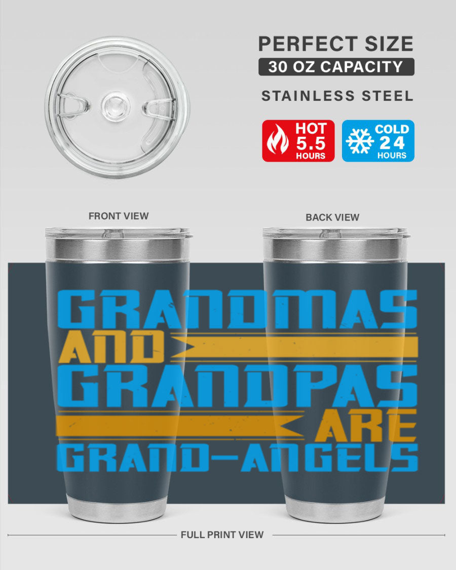 A stylish 20oz tumbler featuring the phrase 'Grandmas and Grandpas are Grandangels', made of stainless steel with a copper lining.