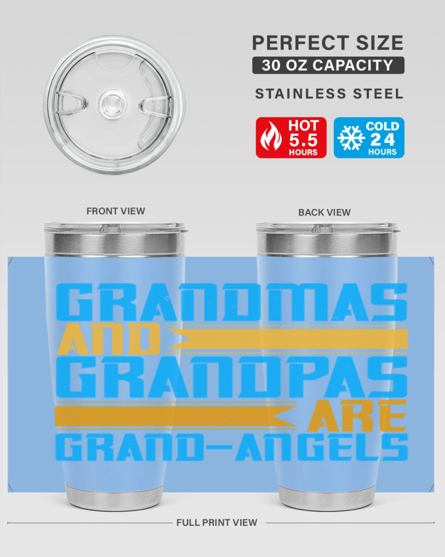 A stylish 20oz tumbler featuring the phrase 'Grandmas and Grandpas are Grandangels', made of stainless steel with a copper lining.