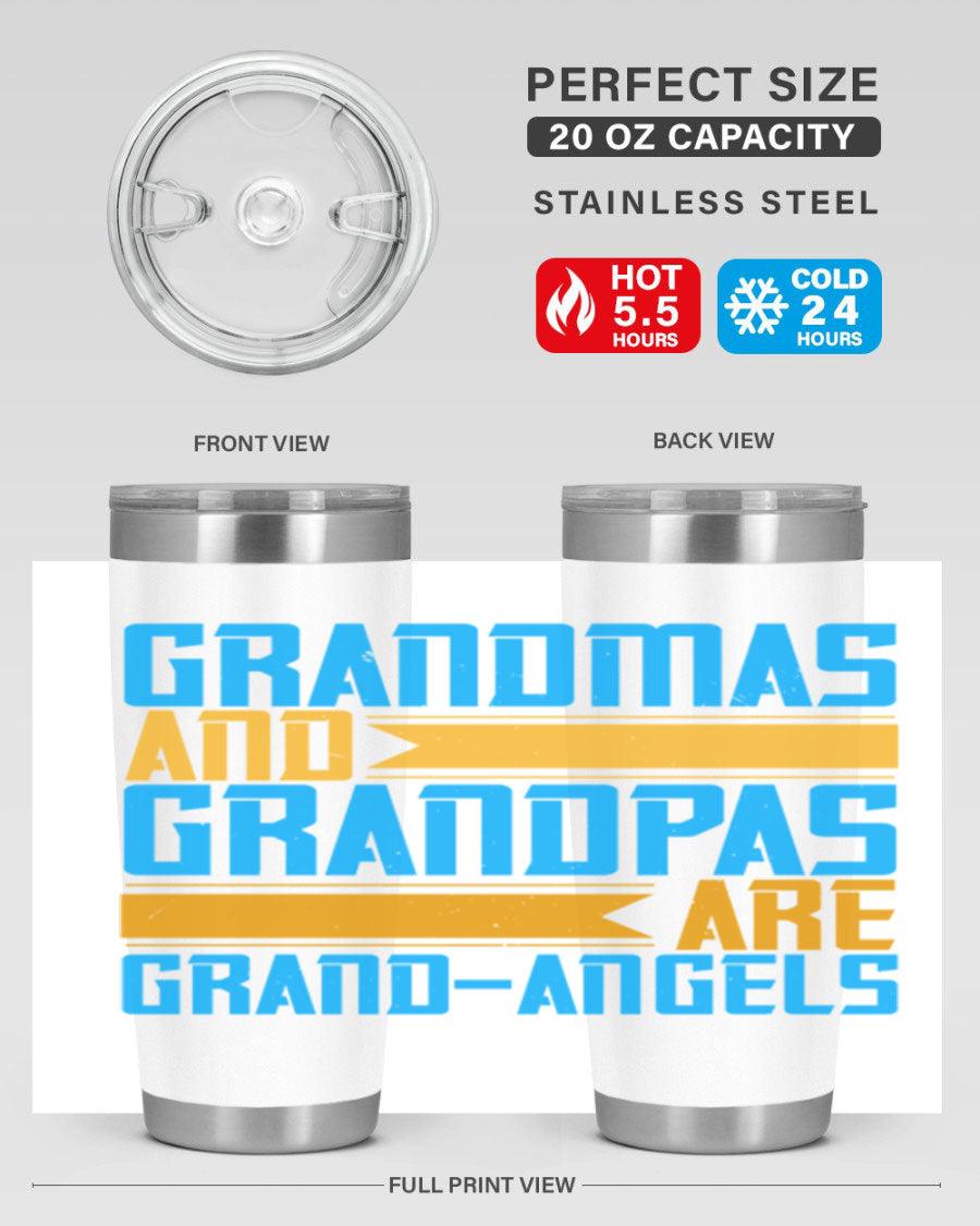 A stylish 20oz tumbler featuring the phrase 'Grandmas and Grandpas are Grandangels', made of stainless steel with a copper lining.