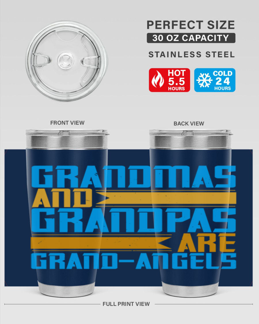 A stylish 20oz tumbler featuring the phrase 'Grandmas and Grandpas are Grandangels', made of stainless steel with a copper lining.