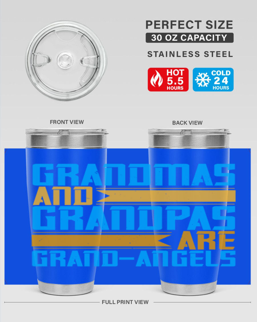 A stylish 20oz tumbler featuring the phrase 'Grandmas and Grandpas are Grandangels', made of stainless steel with a copper lining.
