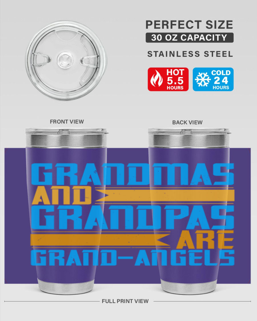 A stylish 20oz tumbler featuring the phrase 'Grandmas and Grandpas are Grandangels', made of stainless steel with a copper lining.