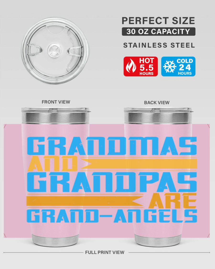 A stylish 20oz tumbler featuring the phrase 'Grandmas and Grandpas are Grandangels', made of stainless steel with a copper lining.
