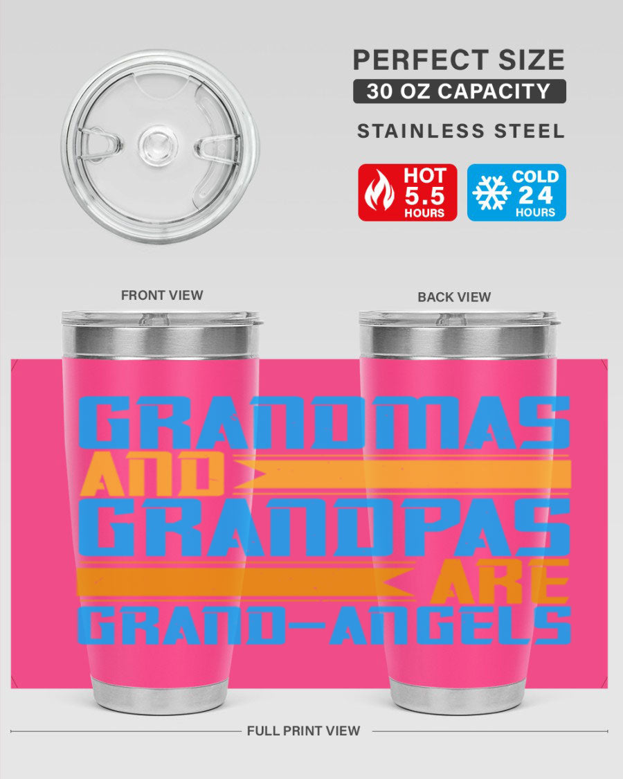 A stylish 20oz tumbler featuring the phrase 'Grandmas and Grandpas are Grandangels', made of stainless steel with a copper lining.