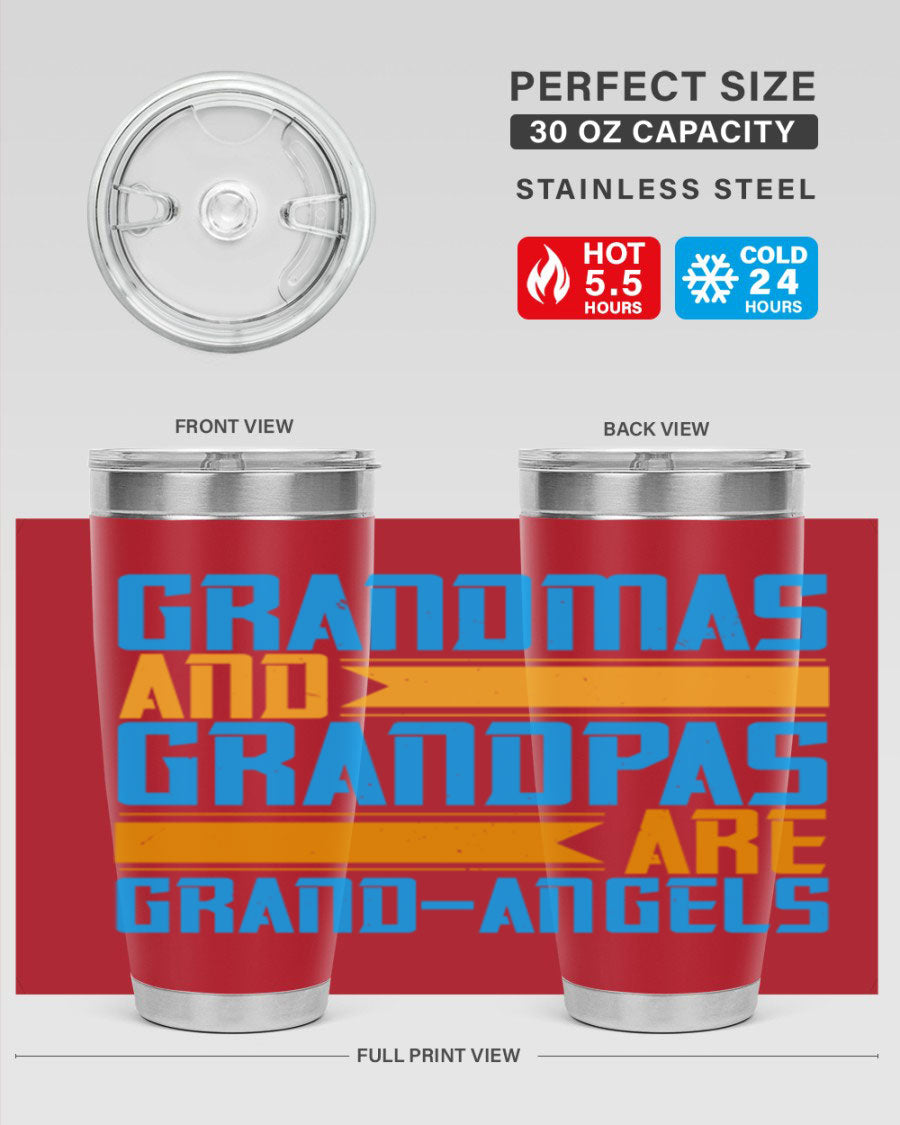 A stylish 20oz tumbler featuring the phrase 'Grandmas and Grandpas are Grandangels', made of stainless steel with a copper lining.