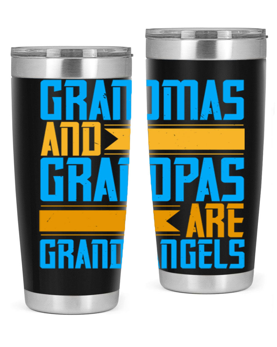 A stylish 20oz tumbler featuring the phrase 'Grandmas and Grandpas are Grandangels', made of stainless steel with a copper lining.