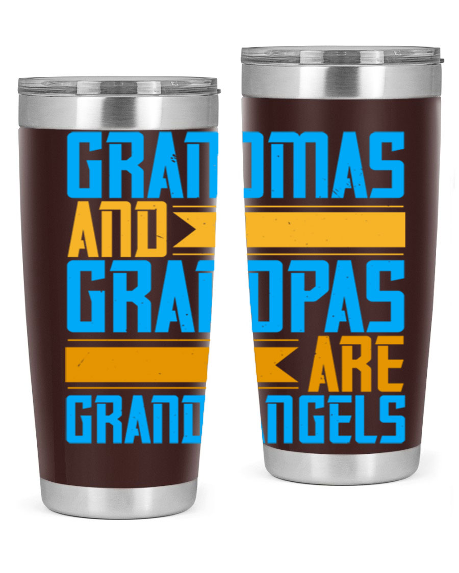 A stylish 20oz tumbler featuring the phrase 'Grandmas and Grandpas are Grandangels', made of stainless steel with a copper lining.
