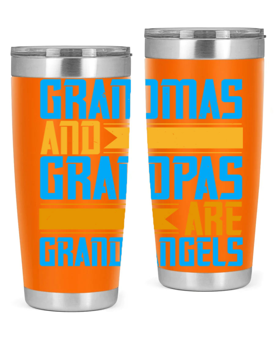 A stylish 20oz tumbler featuring the phrase 'Grandmas and Grandpas are Grandangels', made of stainless steel with a copper lining.