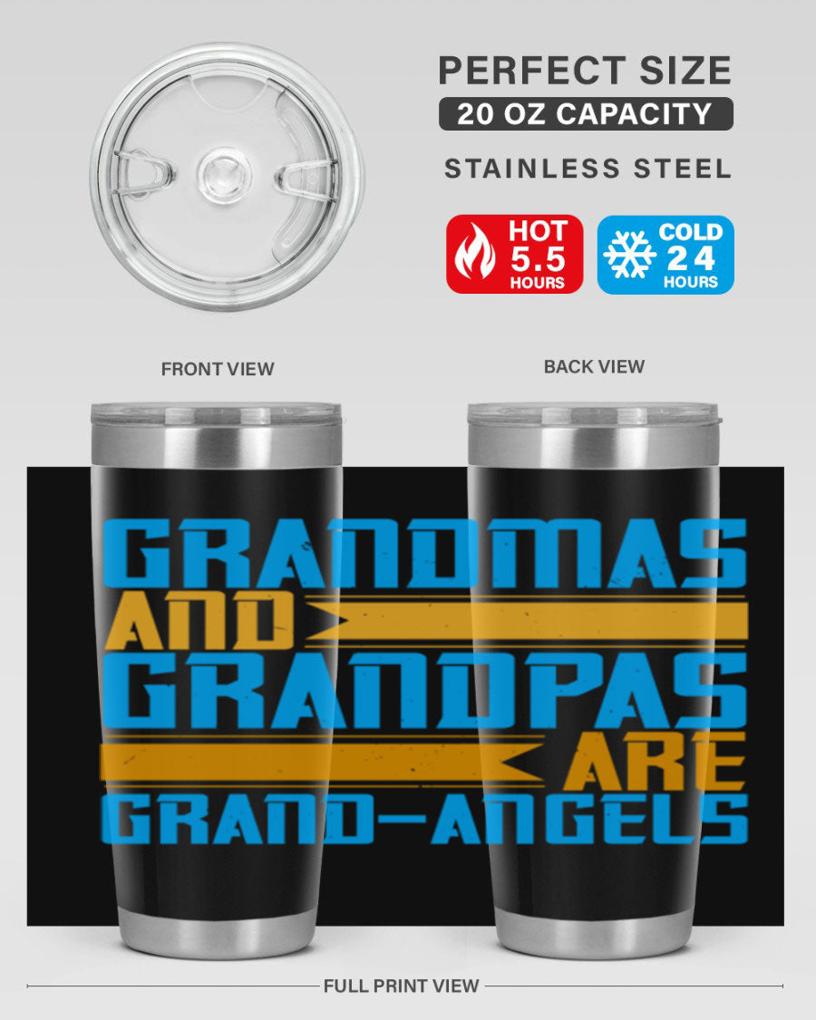 A stylish 20oz tumbler featuring the phrase 'Grandmas and Grandpas are Grandangels', made of stainless steel with a copper lining.