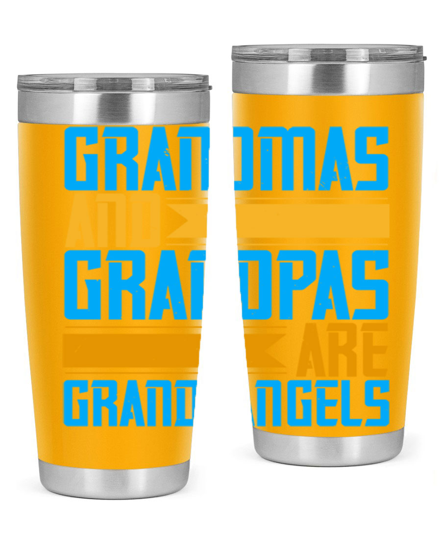 A stylish 20oz tumbler featuring the phrase 'Grandmas and Grandpas are Grandangels', made of stainless steel with a copper lining.