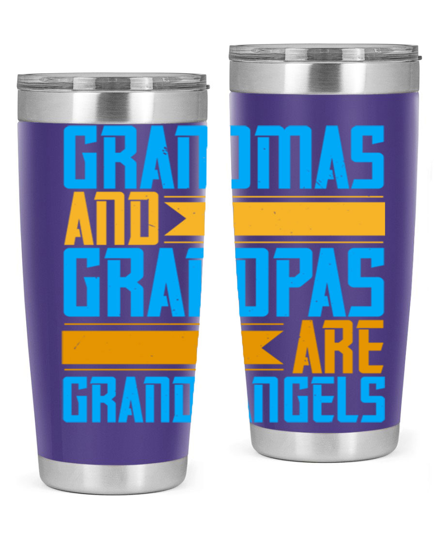 A stylish 20oz tumbler featuring the phrase 'Grandmas and Grandpas are Grandangels', made of stainless steel with a copper lining.