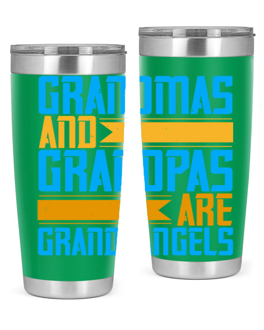 A stylish 20oz tumbler featuring the phrase 'Grandmas and Grandpas are Grandangels', made of stainless steel with a copper lining.