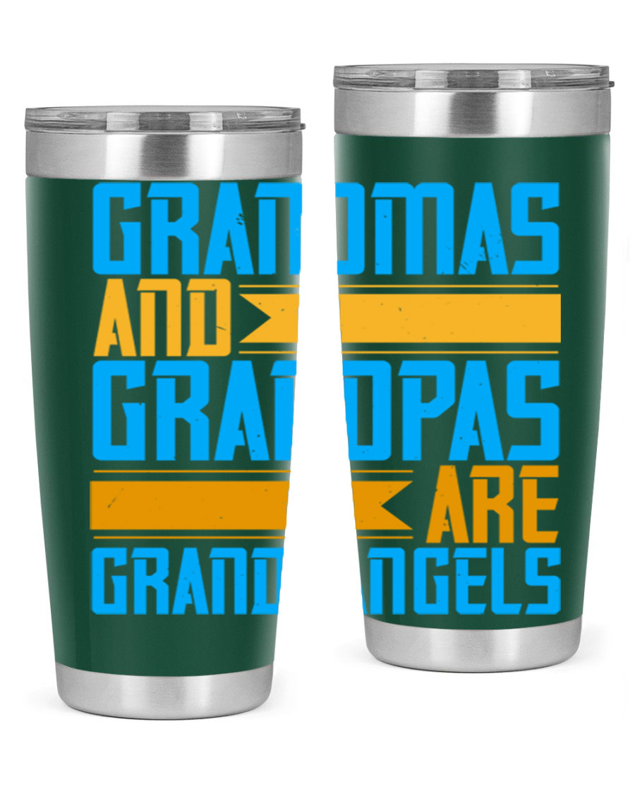 A stylish 20oz tumbler featuring the phrase 'Grandmas and Grandpas are Grandangels', made of stainless steel with a copper lining.