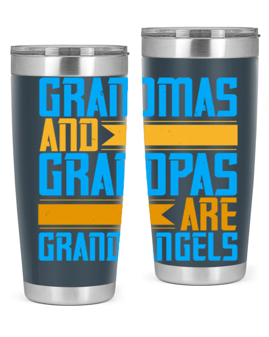 A stylish 20oz tumbler featuring the phrase 'Grandmas and Grandpas are Grandangels', made of stainless steel with a copper lining.