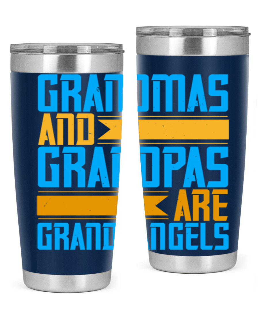 A stylish 20oz tumbler featuring the phrase 'Grandmas and Grandpas are Grandangels', made of stainless steel with a copper lining.