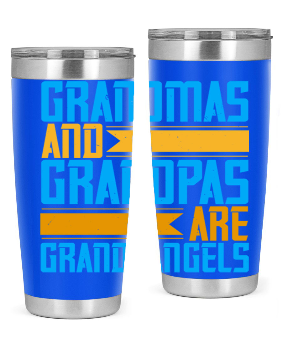 A stylish 20oz tumbler featuring the phrase 'Grandmas and Grandpas are Grandangels', made of stainless steel with a copper lining.