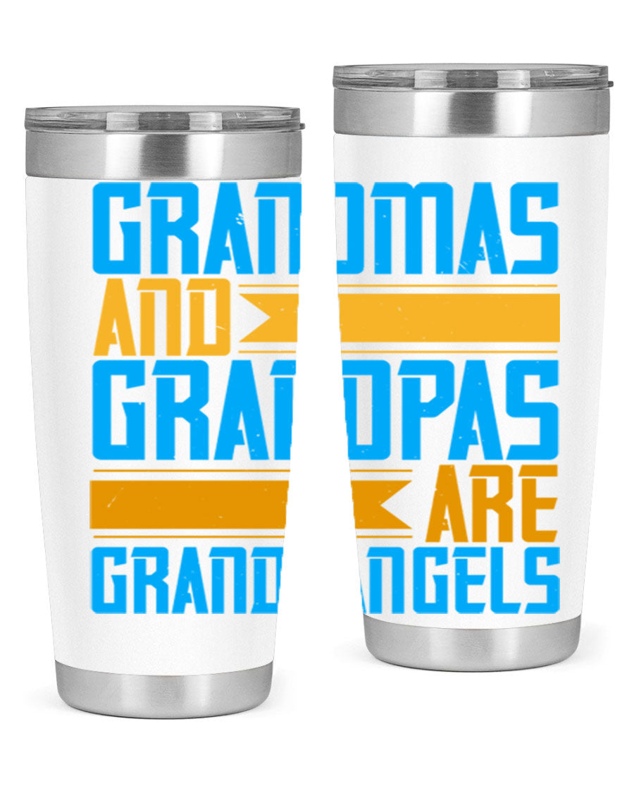 A stylish 20oz tumbler featuring the phrase 'Grandmas and Grandpas are Grandangels', made of stainless steel with a copper lining.