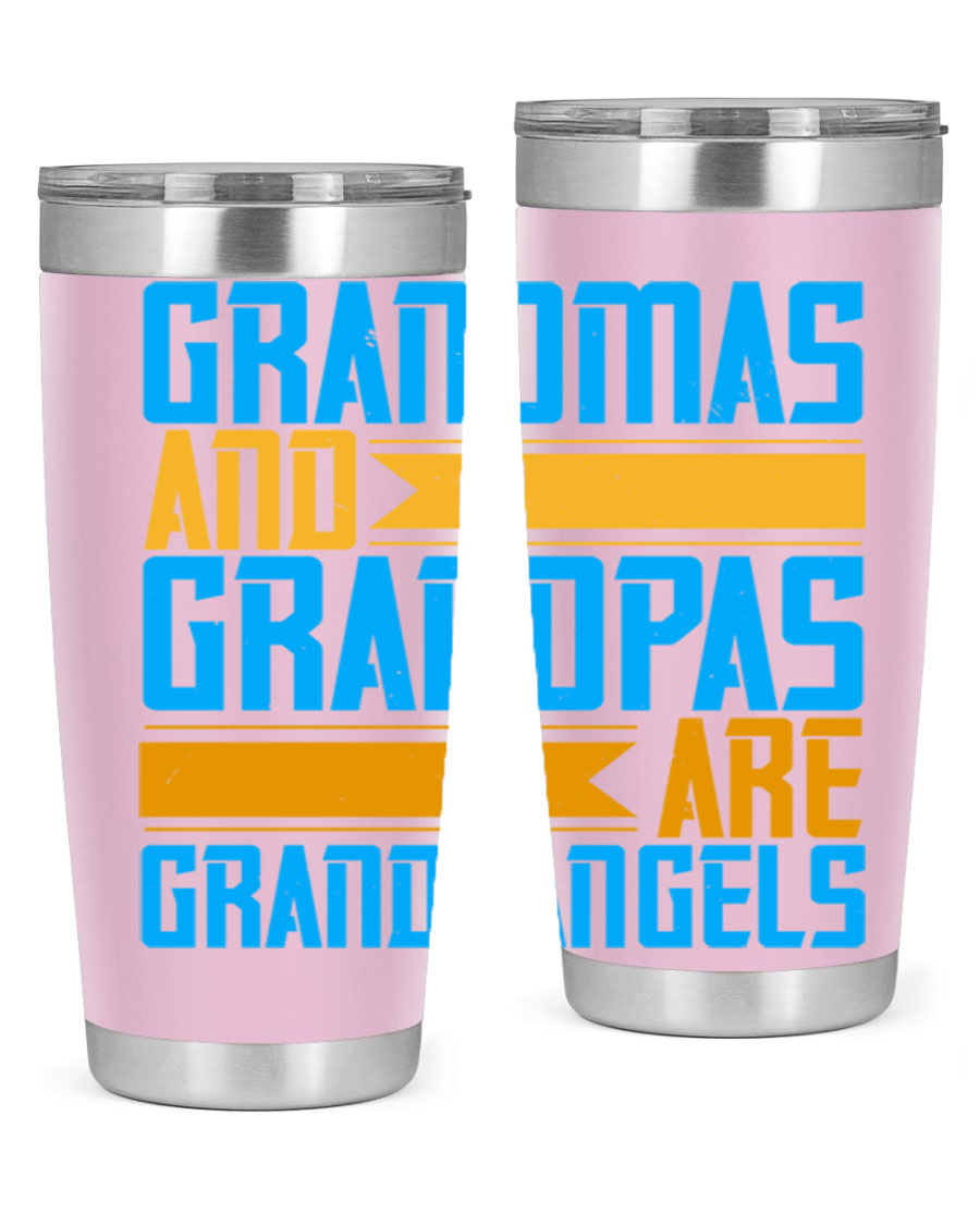 A stylish 20oz tumbler featuring the phrase 'Grandmas and Grandpas are Grandangels', made of stainless steel with a copper lining.