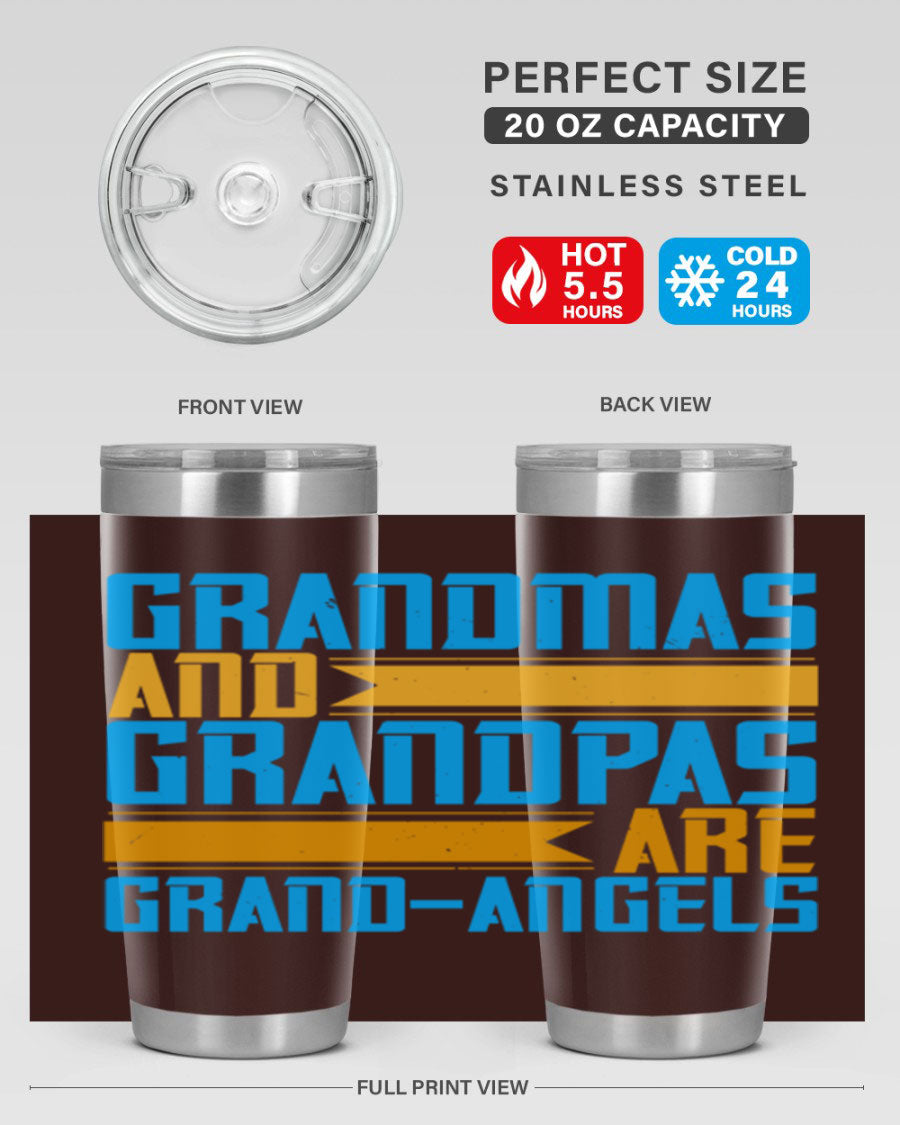 A stylish 20oz tumbler featuring the phrase 'Grandmas and Grandpas are Grandangels', made of stainless steel with a copper lining.
