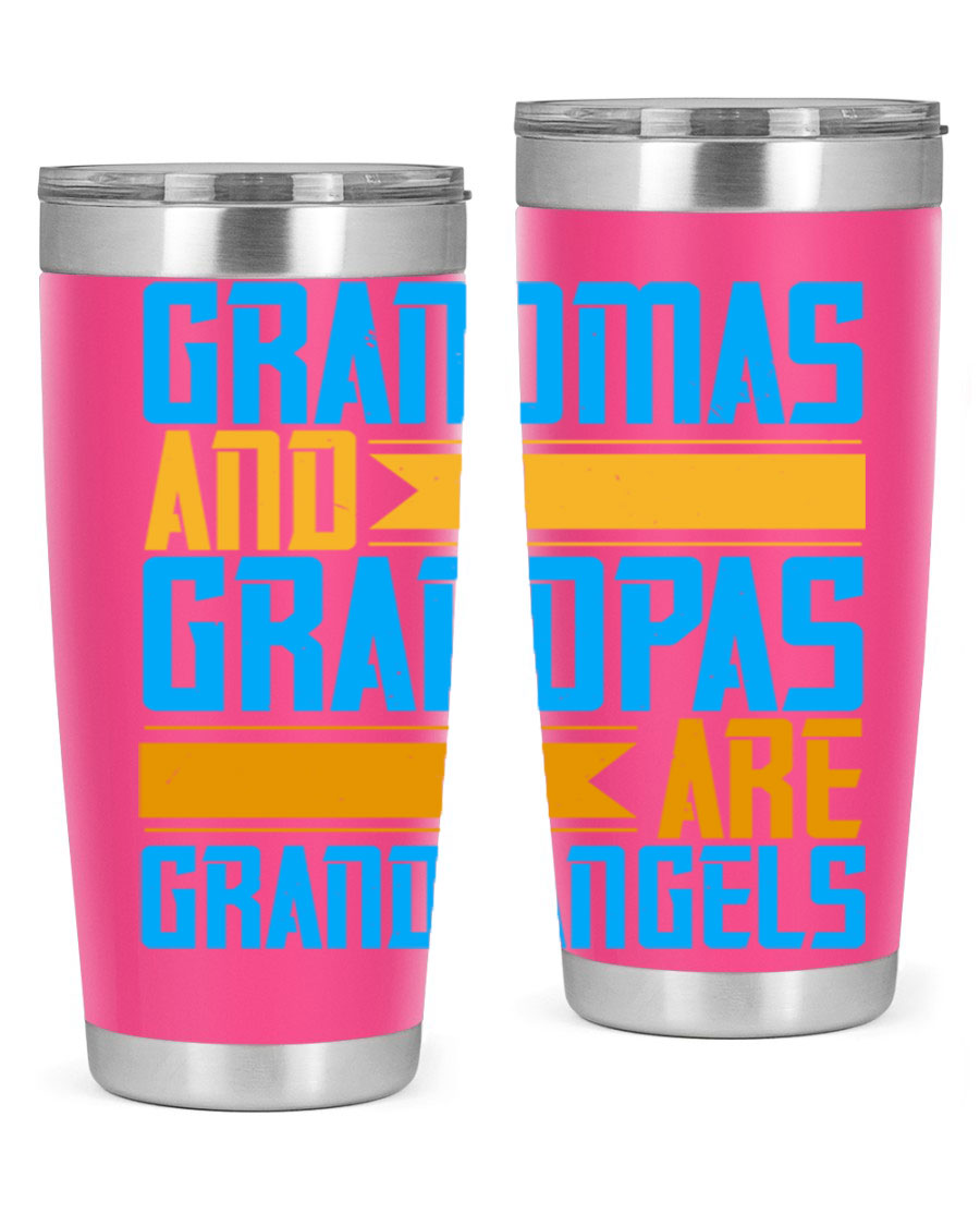 A stylish 20oz tumbler featuring the phrase 'Grandmas and Grandpas are Grandangels', made of stainless steel with a copper lining.