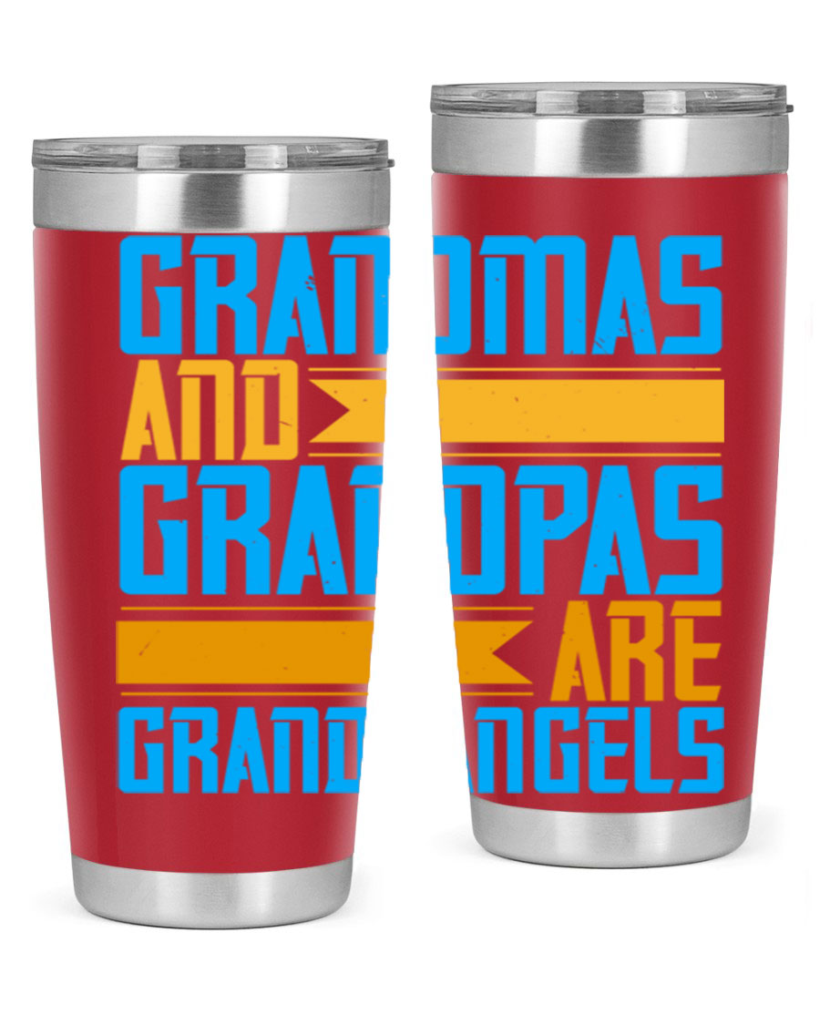 A stylish 20oz tumbler featuring the phrase 'Grandmas and Grandpas are Grandangels', made of stainless steel with a copper lining.