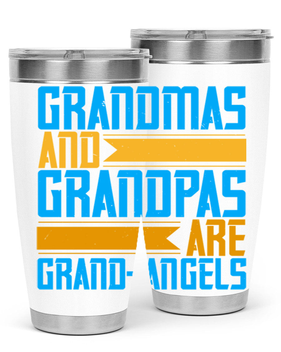 A stylish 20oz tumbler featuring the phrase 'Grandmas and Grandpas are Grandangels', made of stainless steel with a copper lining.