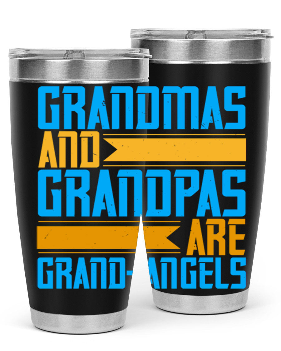 A stylish 20oz tumbler featuring the phrase 'Grandmas and Grandpas are Grandangels', made of stainless steel with a copper lining.