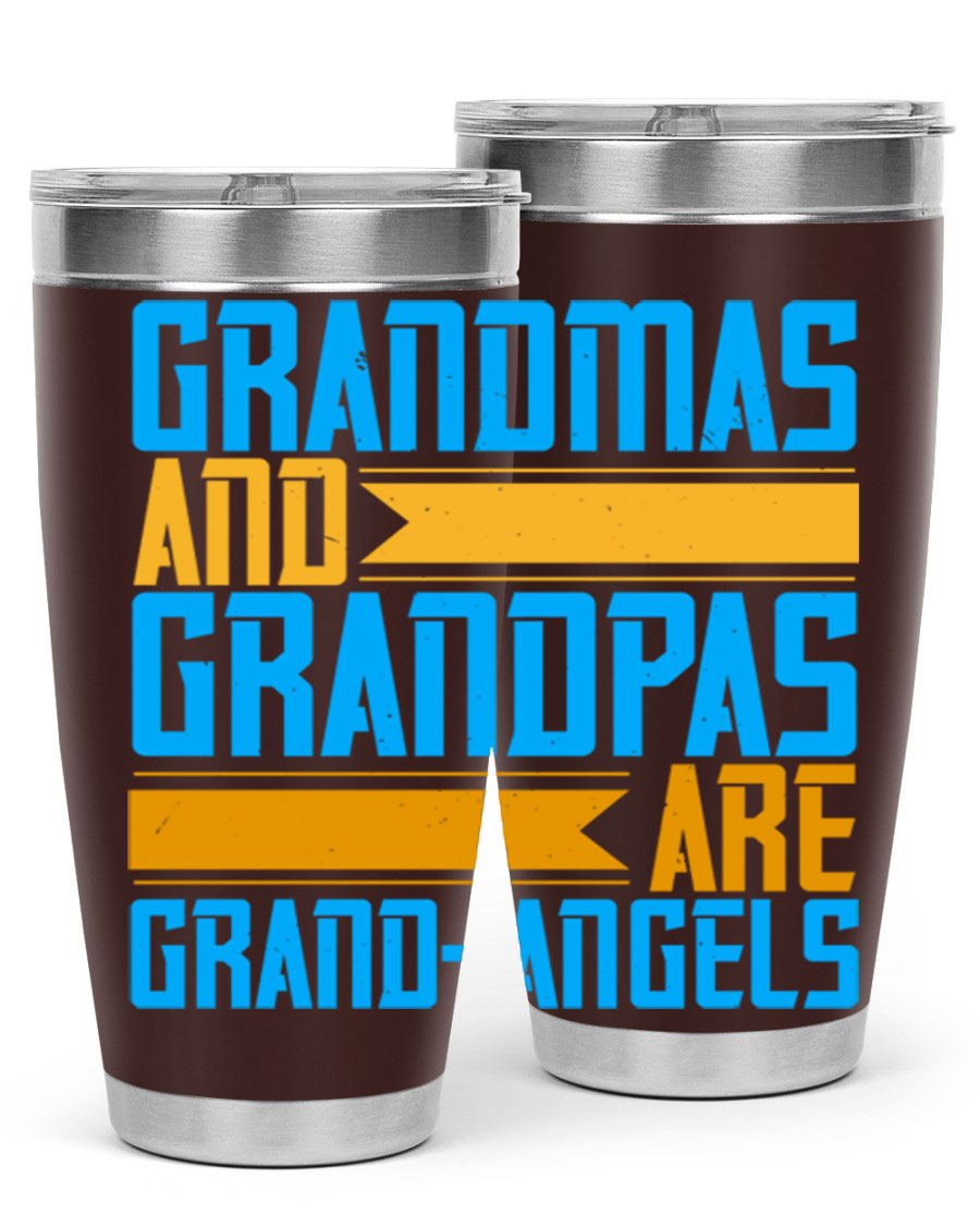 A stylish 20oz tumbler featuring the phrase 'Grandmas and Grandpas are Grandangels', made of stainless steel with a copper lining.
