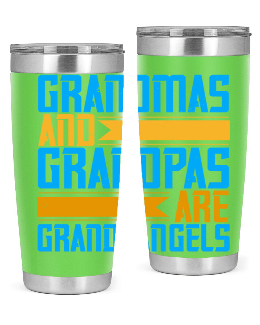 A stylish 20oz tumbler featuring the phrase 'Grandmas and Grandpas are Grandangels', made of stainless steel with a copper lining.