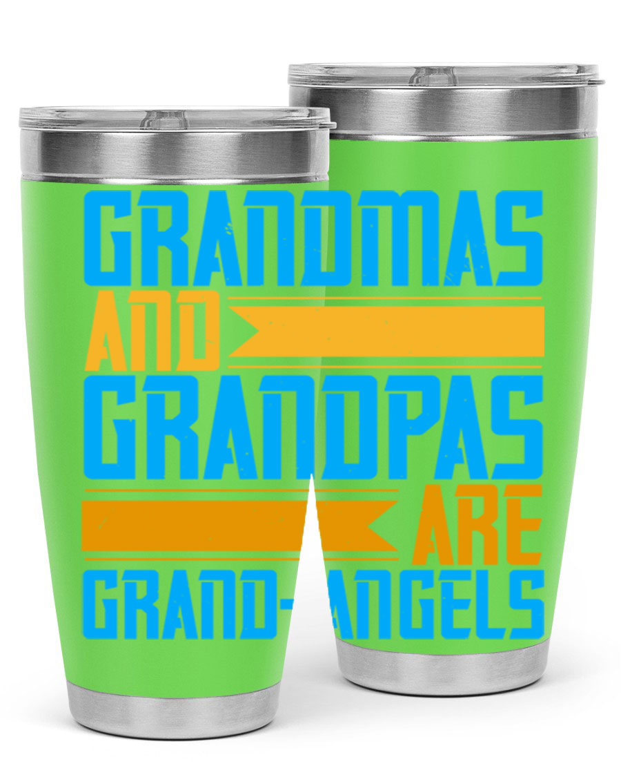 A stylish 20oz tumbler featuring the phrase 'Grandmas and Grandpas are Grandangels', made of stainless steel with a copper lining.