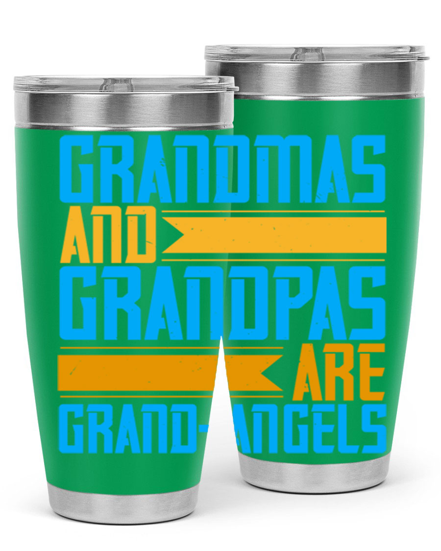 A stylish 20oz tumbler featuring the phrase 'Grandmas and Grandpas are Grandangels', made of stainless steel with a copper lining.