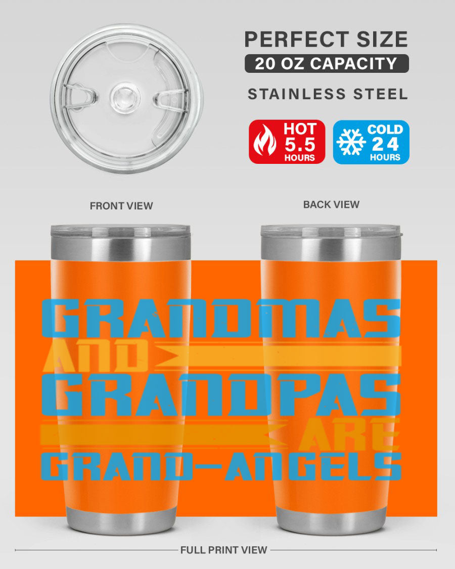 A stylish 20oz tumbler featuring the phrase 'Grandmas and Grandpas are Grandangels', made of stainless steel with a copper lining.