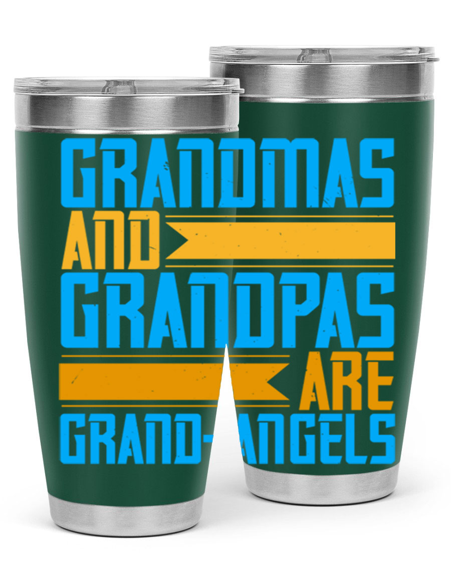 A stylish 20oz tumbler featuring the phrase 'Grandmas and Grandpas are Grandangels', made of stainless steel with a copper lining.
