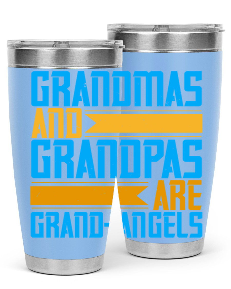 A stylish 20oz tumbler featuring the phrase 'Grandmas and Grandpas are Grandangels', made of stainless steel with a copper lining.