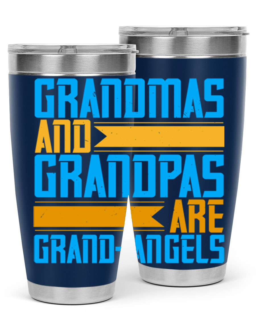 A stylish 20oz tumbler featuring the phrase 'Grandmas and Grandpas are Grandangels', made of stainless steel with a copper lining.