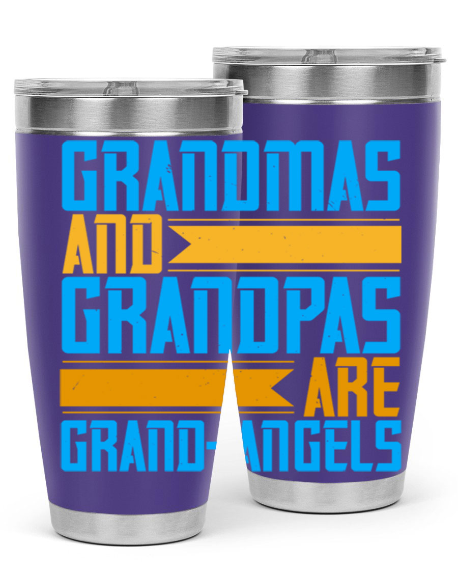 A stylish 20oz tumbler featuring the phrase 'Grandmas and Grandpas are Grandangels', made of stainless steel with a copper lining.