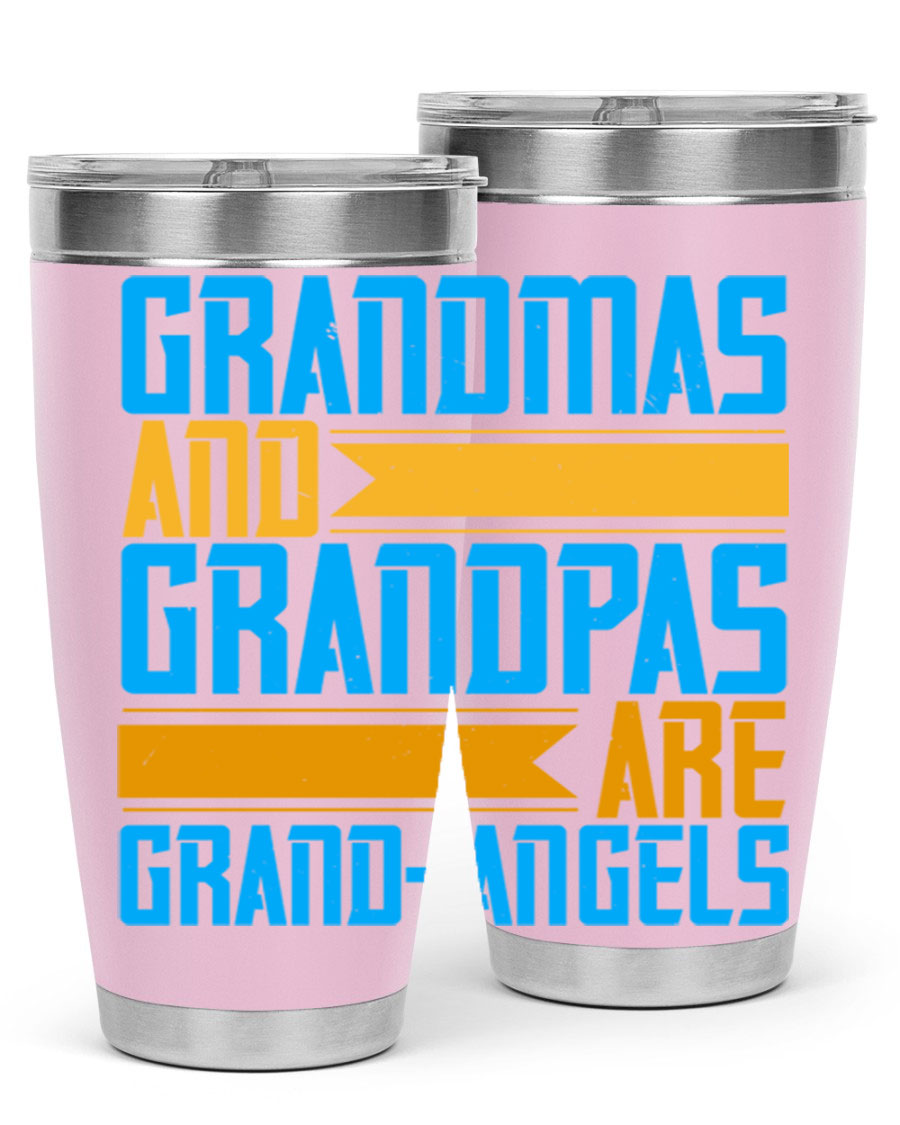 A stylish 20oz tumbler featuring the phrase 'Grandmas and Grandpas are Grandangels', made of stainless steel with a copper lining.