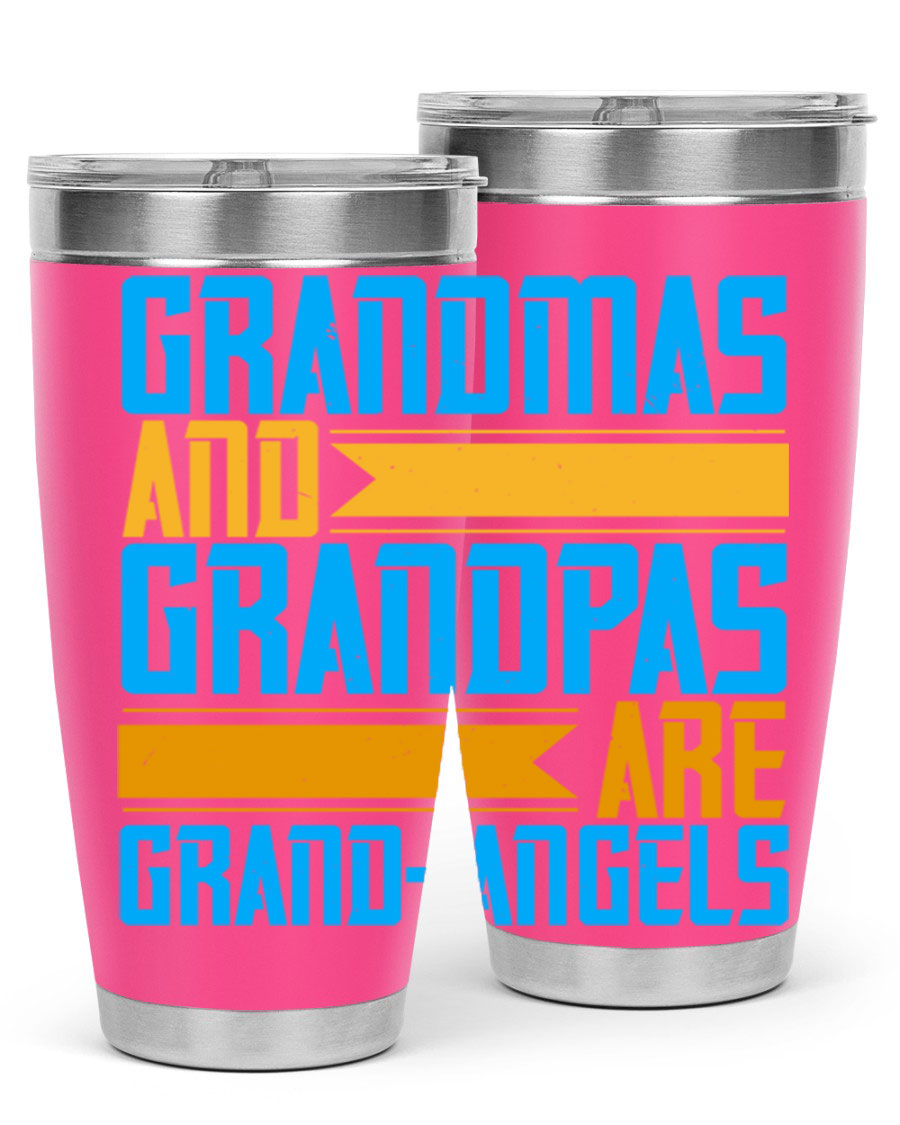 A stylish 20oz tumbler featuring the phrase 'Grandmas and Grandpas are Grandangels', made of stainless steel with a copper lining.